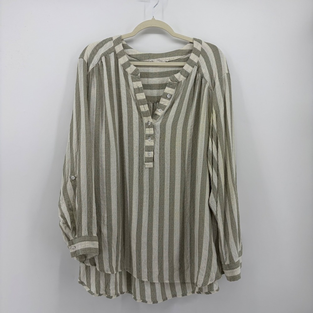 Jane + Delancey Womens 2X Green Striped Henley Tunic Roll Tab Sleeve Top